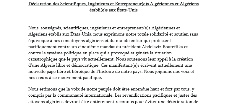 Déclaration des Scientifiques, Ingénieurs et Entrepreneur(e)s Algériennes et Algériens établi(e)s aux États-Unis