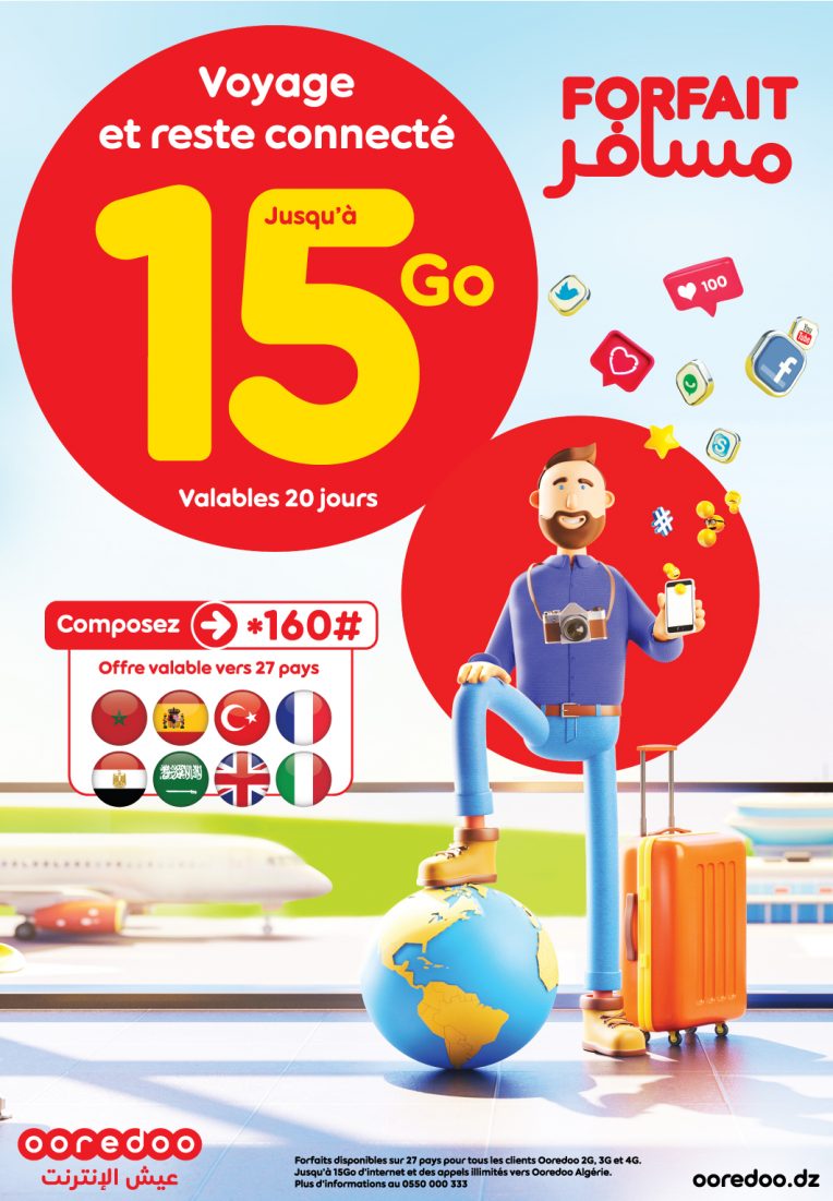 Avec les forfaits « Msaffer » de Ooredoo, profitez de vos vacances à l’étranger et bénéficiez jusqu’à 15 Go d’Internet